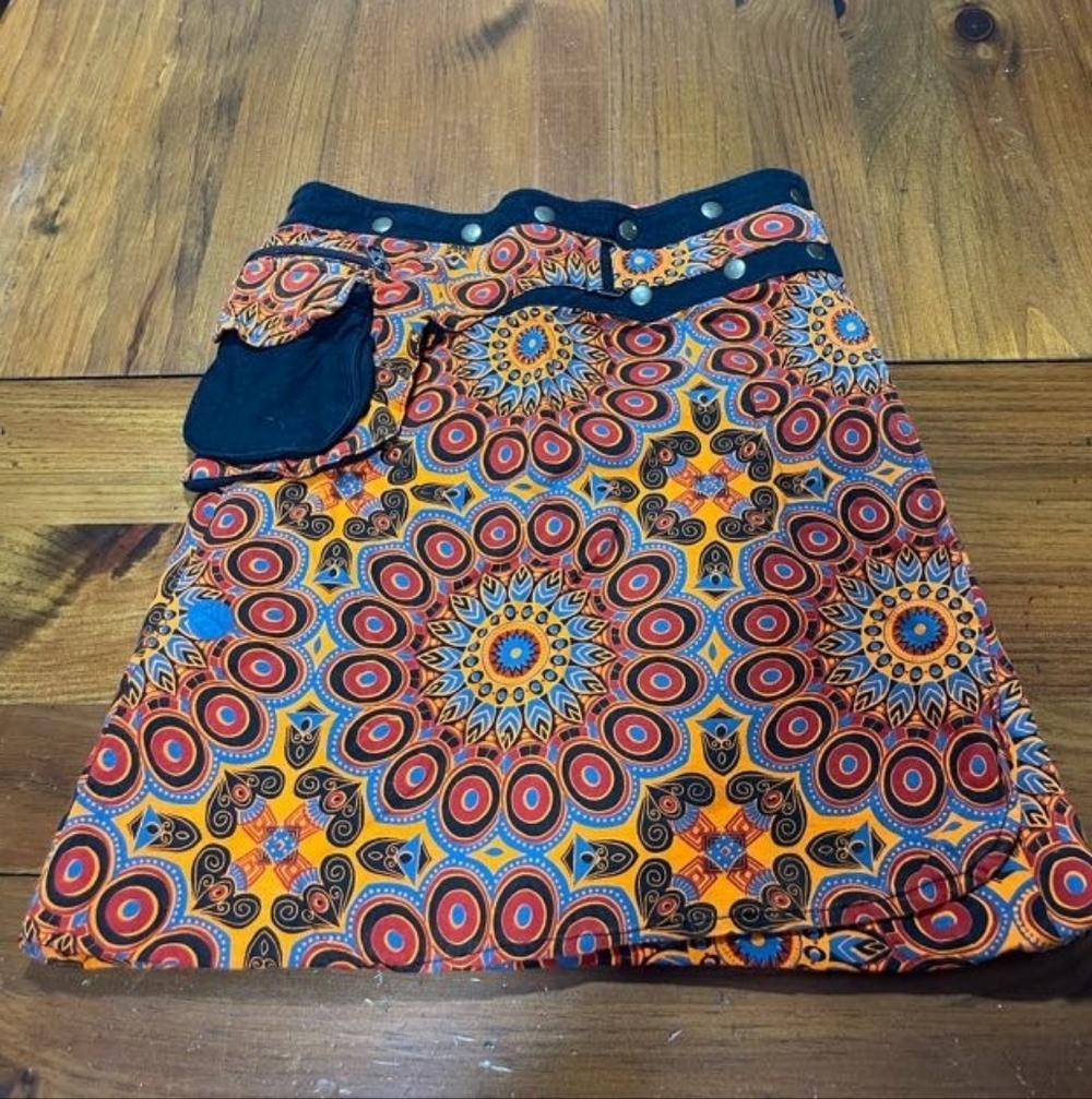 Hand Made In Nepal 100% Cotton Snap Button Bright Patterned Wrap Midi Skirt OSFM